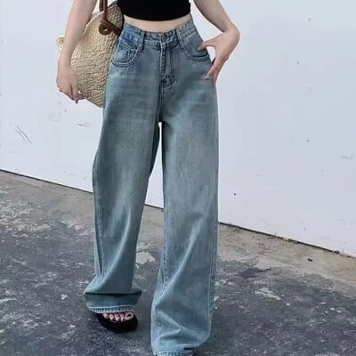 Pantaloni casual din denim în stil american vintage, blugi de damă cu talie înaltă, slăbiți, slăbiți, design de modă, sensibilitate