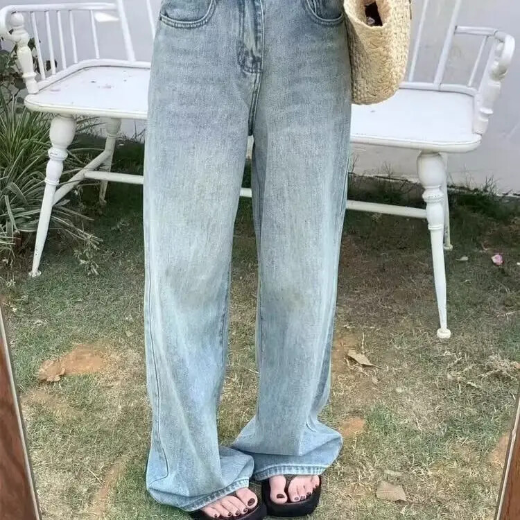 Vintažinio amerikietiško stiliaus laisvalaikio džinsinės kelnės, moteriškos aukštu juosmeniu, laisvos liekninančios mados dizaino Sensibility džinsai