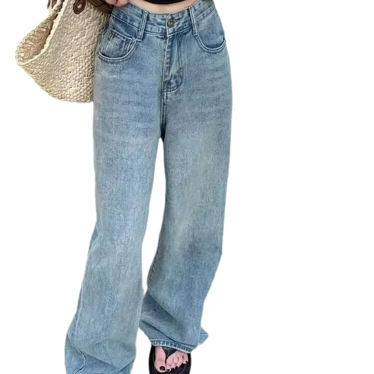 Vintažinio amerikietiško stiliaus laisvalaikio džinsinės kelnės, moteriškos aukštu juosmeniu, laisvos liekninančios mados dizaino Sensibility džinsai