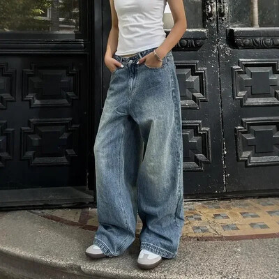 Vintage esteetilised Emo lahtised pestud püksid 2024 suvised naiste vabaaja sinised Harajuku teksad Y2K laia säärega Punk kottis teksapüksid