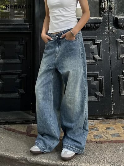 Vintage Aesthetic Emo Pantaloni largi, spălați, 2024, vara, pentru femei, ocazional, blugi Harajuku, Y2K, cu picioare largi, punk, pantaloni largi din denim