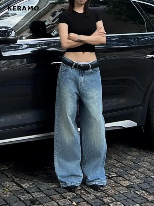 Vintage esteetilised Emo lahtised pestud püksid 2024 suvised naiste vabaaja sinised Harajuku teksad Y2K laia säärega Punk kottis teksapüksid