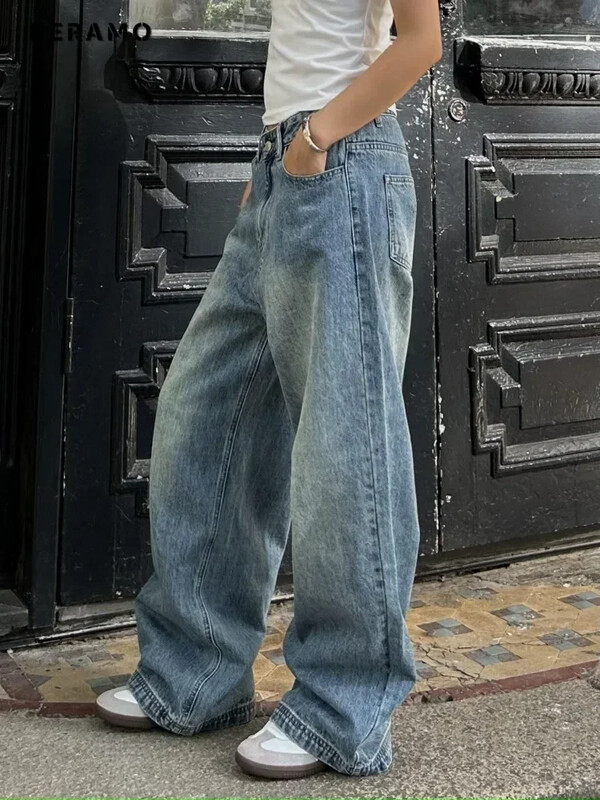 Vintage esteetilised Emo lahtised pestud püksid 2024 suvised naiste vabaaja sinised Harajuku teksad Y2K laia säärega Punk kottis teksapüksid