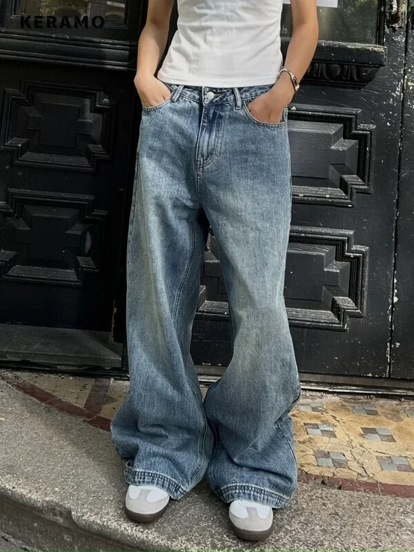 Vintage esteetilised Emo lahtised pestud püksid 2024 suvised naiste vabaaja sinised Harajuku teksad Y2K laia säärega Punk kottis teksapüksid