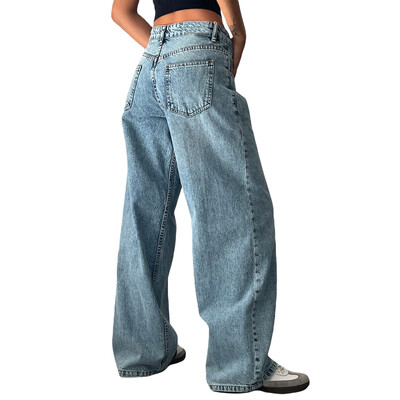 Sügistalvised ühevärvilised lahtised teksapüksid naiste madala vöökohaga laia säärega püksid mitme taskuga tänavarõivad