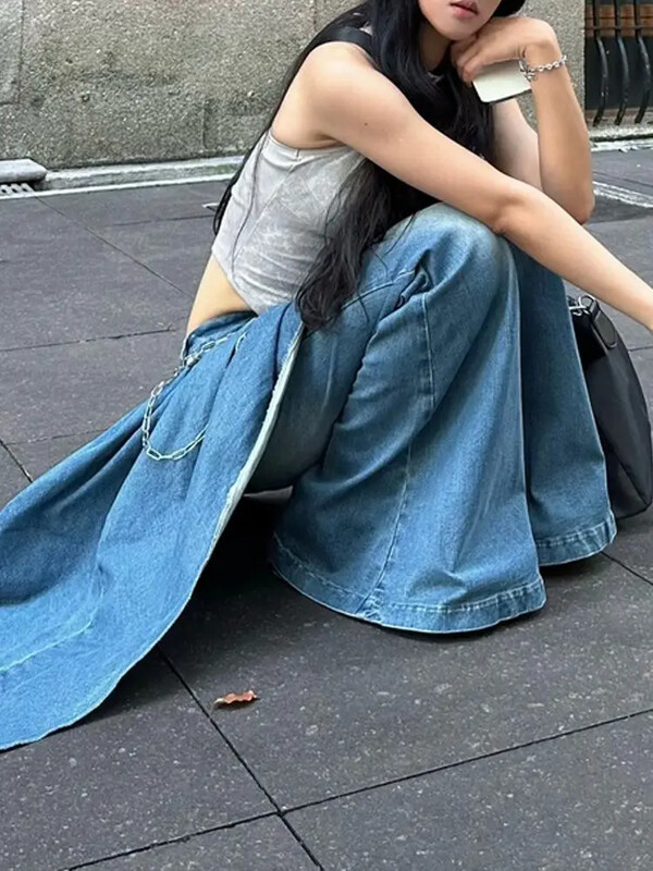 Enyhén kövér Spice Girl formatervezési értelemben szabálytalan toldású farmer női 2024 őszi-téli új hamis kétrészes vékony kiszélesedő nadrág