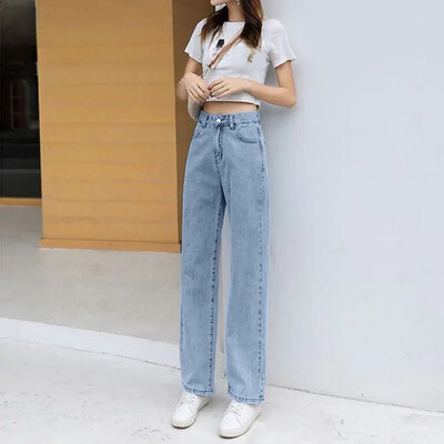 Heledad laia säärega teksad Naiste kevadised uues stiilis salendavad mitmekülgsed kõrge vöökohaga lahtised sirge säärega pikad püksid