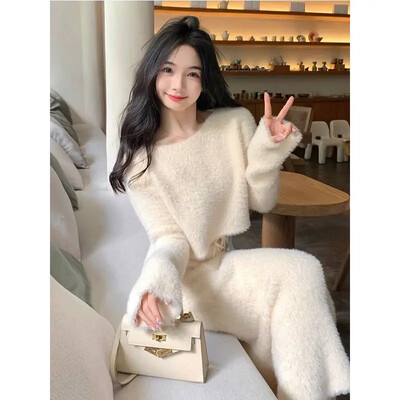 Kimotimo temperamento megztų sijonų komplektai moteriški rudeniniai seksualūs minkšti trumpi megztiniai, ilgi sijonai Korėjietiški solidūs ploni dviejų dalių kostiumai