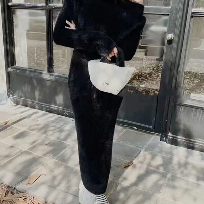 Kimotimo temperamento megztų sijonų komplektai moteriški rudeniniai seksualūs minkšti trumpi megztiniai, ilgi sijonai Korėjietiški solidūs ploni dviejų dalių kostiumai