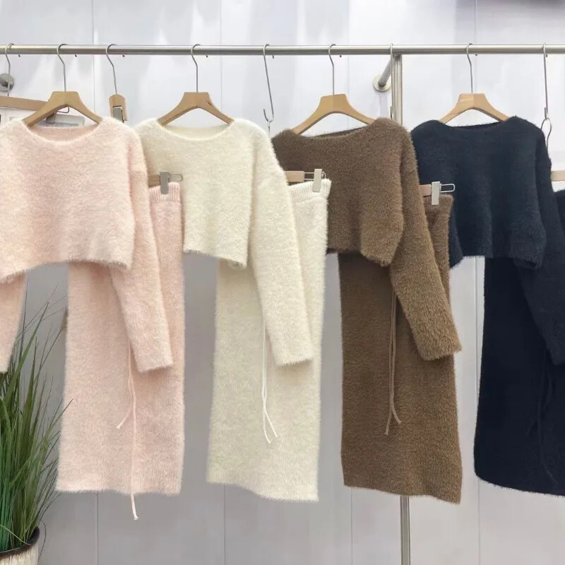 Kimotimo temperamento megztų sijonų komplektai moteriški rudeniniai seksualūs minkšti trumpi megztiniai, ilgi sijonai Korėjietiški solidūs ploni dviejų dalių kostiumai