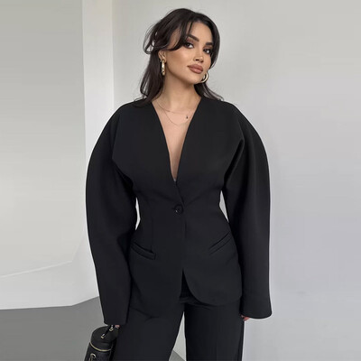 Ikdienas V kakla uzvalks jaka garas bikses komplekts sievietēm Mode ar garām piedurknēm slaids mētelis, taisns bikses uzvalks 2025. gada pavasaris 2 gab.