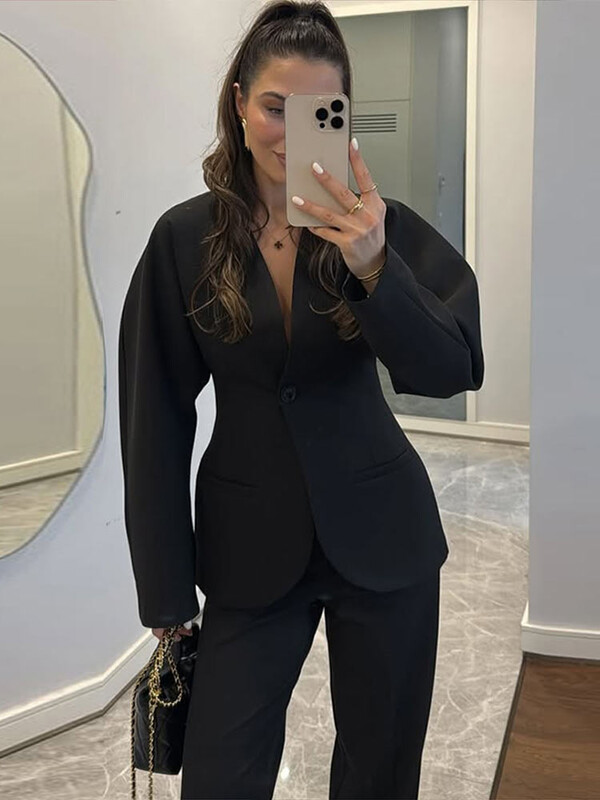 Ikdienas V kakla uzvalks jaka garas bikses komplekts sievietēm Mode ar garām piedurknēm slaids mētelis, taisns bikses uzvalks 2025. gada pavasaris 2 gab.