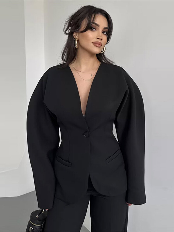 Ikdienas V kakla uzvalks jaka garas bikses komplekts sievietēm Mode ar garām piedurknēm slaids mētelis, taisns bikses uzvalks 2025. gada pavasaris 2 gab.