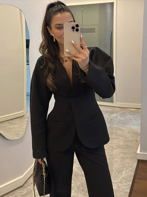 Ikdienas V kakla uzvalks jaka garas bikses komplekts sievietēm Mode ar garām piedurknēm slaids mētelis, taisns bikses uzvalks 2025. gada pavasaris 2 gab.