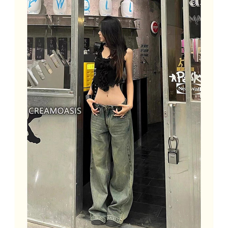 Mėlyni moteriški džinsai Hip-hop mados vintažinės gatvės apranga Y2K plačios tiesios džinsinės kelnės aukštu juosmeniu Klasikinės tankios džinsinės kelnės