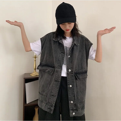 2020. aasta sügisene teksariidest vest naiste Korea stiilis õhuke õlavestiga jakk, avara liibuv, trendikas mitmekülgne varrukateta klamber