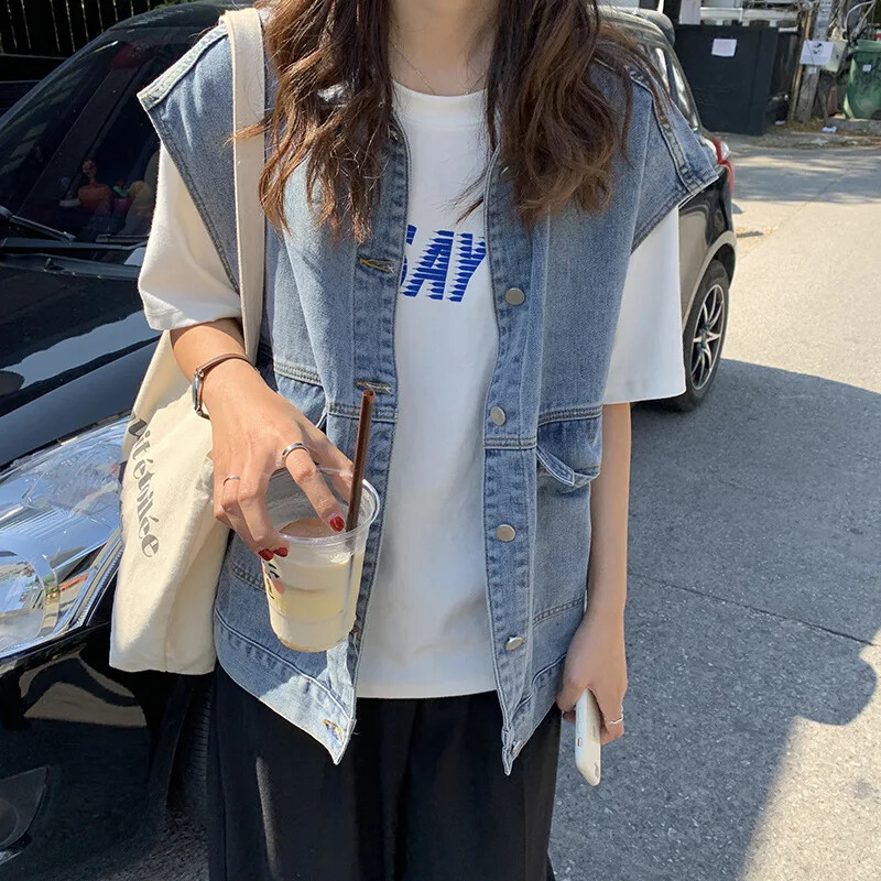 2020. aasta sügisene teksariidest vest naiste Korea stiilis õhuke õlavestiga jakk, avara liibuv, trendikas mitmekülgne varrukateta klamber