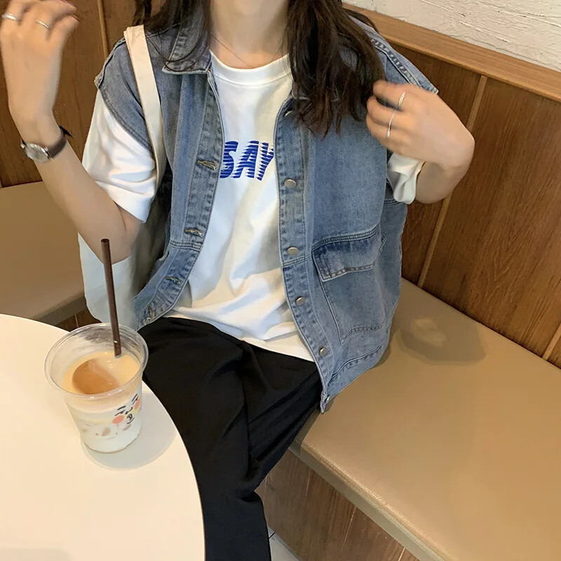 2020. aasta sügisene teksariidest vest naiste Korea stiilis õhuke õlavestiga jakk, avara liibuv, trendikas mitmekülgne varrukateta klamber