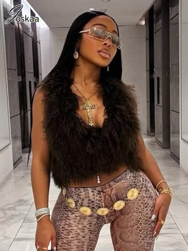 Joskaa szexi műszőrme mellény női szőrös hát nélküli kötszer kötőfék Crop mellény kabát 2025 divat meleg felsőruházat Y2K utcai ruházat