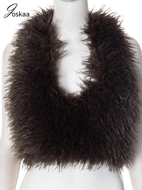 Joskaa szexi műszőrme mellény női szőrös hát nélküli kötszer kötőfék Crop mellény kabát 2025 divat meleg felsőruházat Y2K utcai ruházat