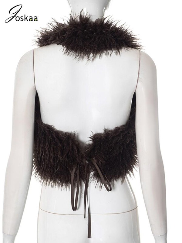 Joskaa szexi műszőrme mellény női szőrös hát nélküli kötszer kötőfék Crop mellény kabát 2025 divat meleg felsőruházat Y2K utcai ruházat