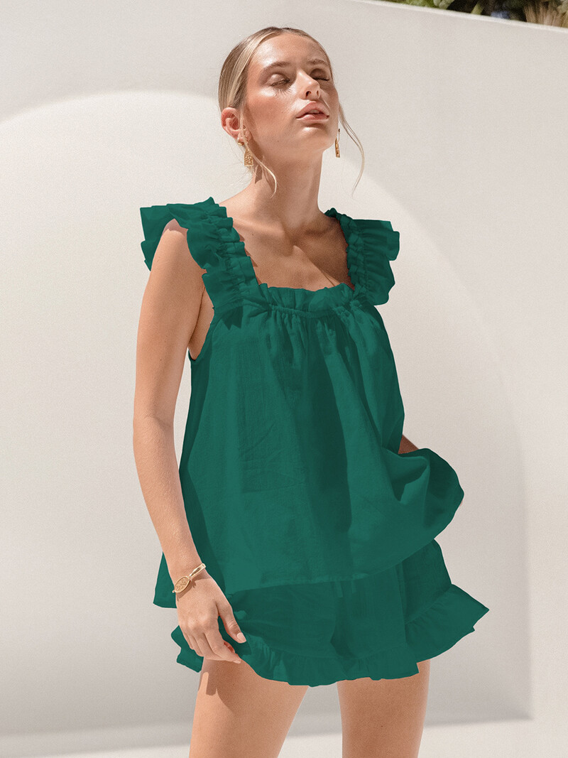 Linad Square Neck Moteriški naktiniai rūbai, balti marškinėliai pižamų rinkinys, moteriškas, 2 dalių, 100 % medvilnė