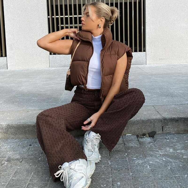 Naiste mood lühikesed sulemantlid Talvine sügis Elegantne ühevärviline soe püstkrae Tepitud vest vabas õhus vabaaja pühadejope