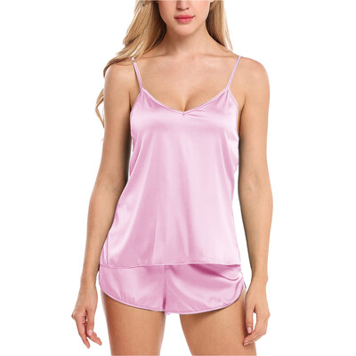 Moteriškas vienspalvis apatinis trikotažas miegui Satin Silk Camisole šortai pižamos rinkinys Kvėpuojantis minkštas V formos kaklo namų drabužis 2024 m. Nauja