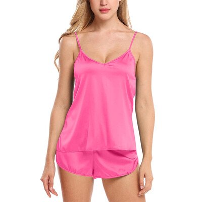 Moteriškas vienspalvis apatinis trikotažas miegui Satin Silk Camisole šortai pižamos rinkinys Kvėpuojantis minkštas V formos kaklo namų drabužis 2024 m. Nauja