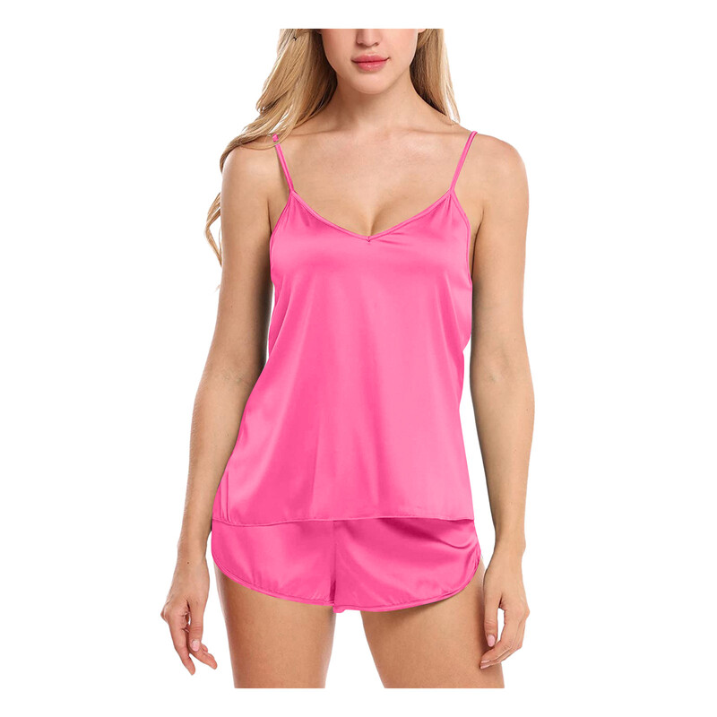 Moteriškas vienspalvis apatinis trikotažas miegui Satin Silk Camisole šortai pižamos rinkinys Kvėpuojantis minkštas V formos kaklo namų drabužis 2024 m. Nauja