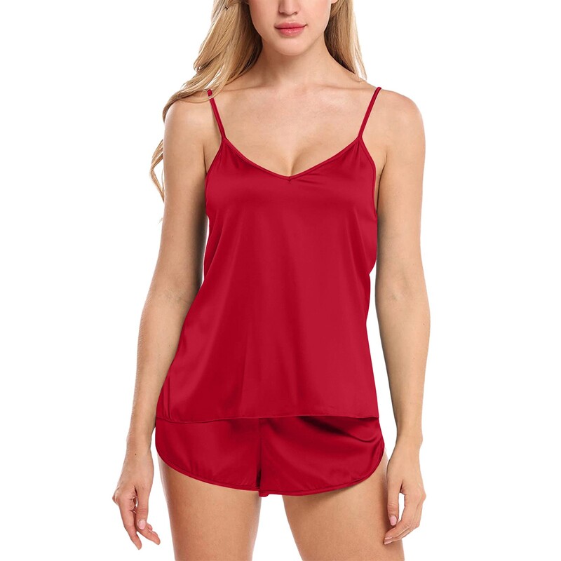 Moteriškas vienspalvis apatinis trikotažas miegui Satin Silk Camisole šortai pižamos rinkinys Kvėpuojantis minkštas V formos kaklo namų drabužis 2024 m. Nauja