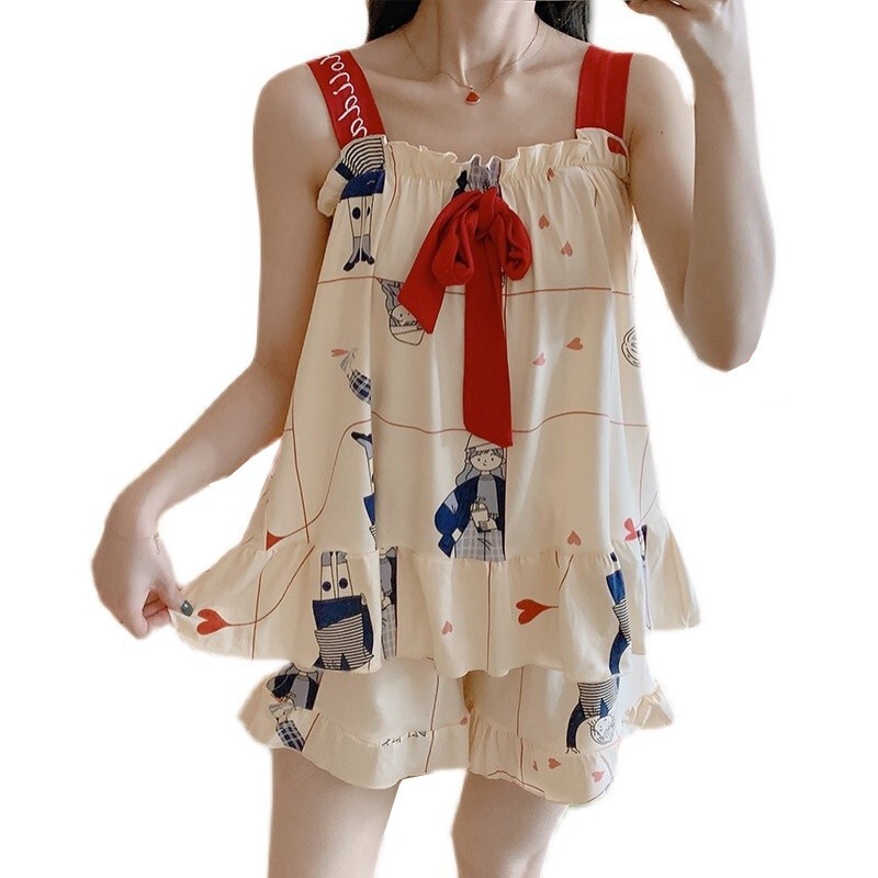 Korėjos versijos „Camisole“ pižamos dviejų dalių rinkinys, skirtas laisvalaikio animacinių filmų studentų mergaičių namų apranga