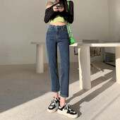 Pavasario sezono moteriškos medvilninės elastinės, plonos formos džinsai aukštu juosmeniu, tiesus cilindras, laisvalaikio rūkymo kelnės, vasaros stilius