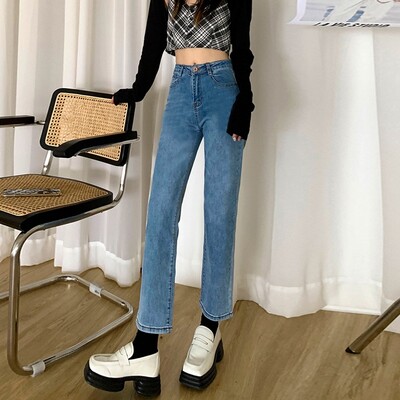 Pavasario sezono moteriškos medvilninės elastinės, plonos formos džinsai aukštu juosmeniu, tiesus cilindras, laisvalaikio rūkymo kelnės, vasaros stilius