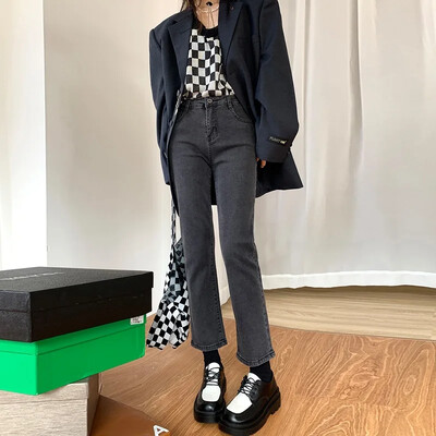 Pavasario sezono moteriškos medvilninės elastinės, plonos formos džinsai aukštu juosmeniu, tiesus cilindras, laisvalaikio rūkymo kelnės, vasaros stilius