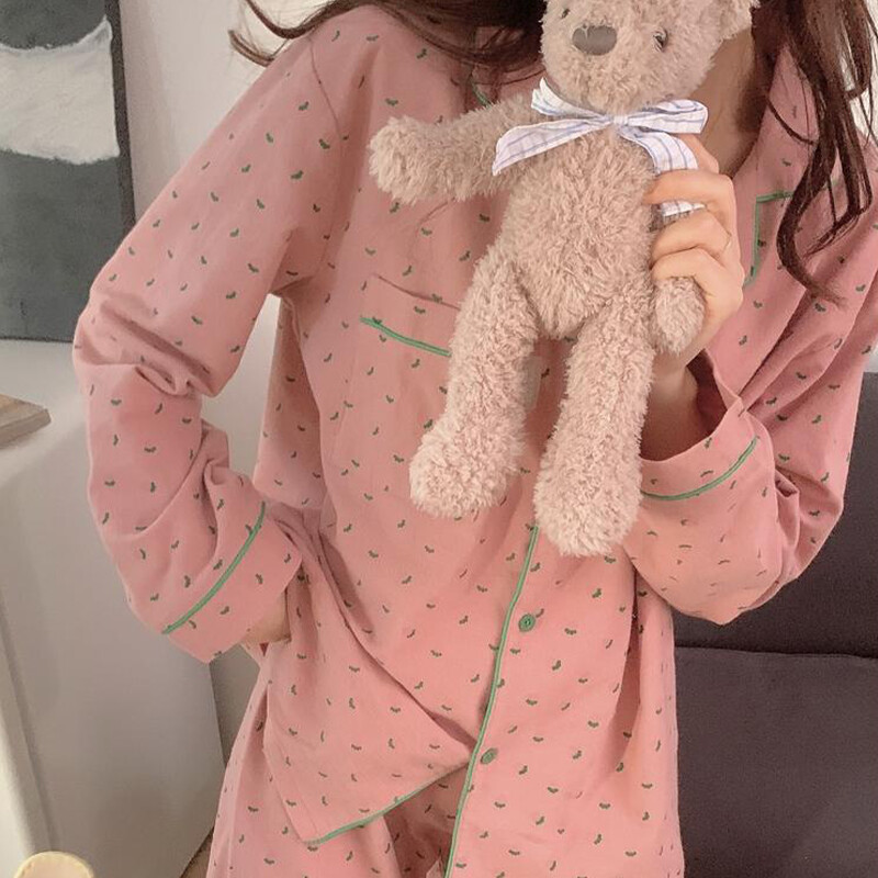 Hálóruha koreai pizsama női aranyos szívmintás hosszú ujjú női pizsama szett