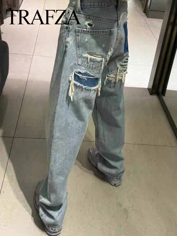TRAF 2024 divat női alkalmi laza, magas derekú kék farmer nadrág női széles szárú farmer hosszú nadrág High Street szakadt farmer