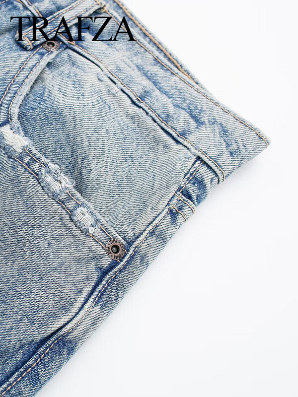 TRAF 2024 divat női alkalmi laza, magas derekú kék farmer nadrág női széles szárú farmer hosszú nadrág High Street szakadt farmer