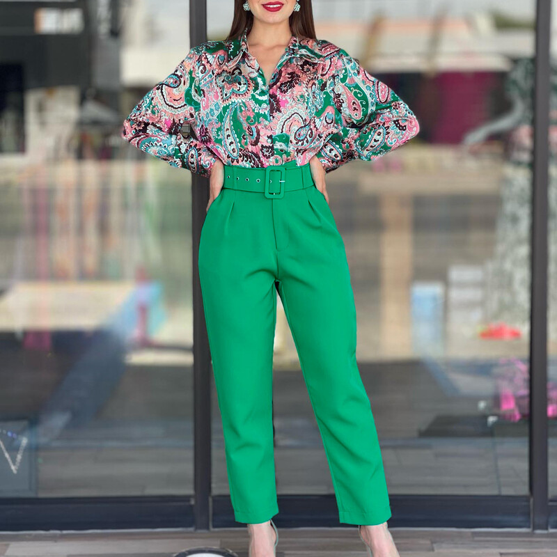 Pavasario vasaros madingas dviejų dalių komplektas moterims, laisvalaikio OL marginti marškiniai, diržas, kelnės, dviejų dalių komplektas moterims