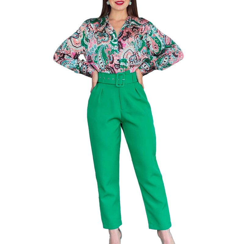 Pavasario vasaros madingas dviejų dalių komplektas moterims, laisvalaikio OL marginti marškiniai, diržas, kelnės, dviejų dalių komplektas moterims