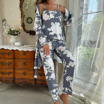 Moteriški miegui skirti drabužiai poilsio salone, 3 vnt. Moterų pižamų rinkinys gėlėmis marginti miegamieji Cami Top&Long Kelnės su chalatu