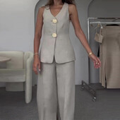 Dviejų dalių komplektai Moteriški kelnaičių komplektas V kaklu be rankovių įprastos liemenės aukštu juosmeniu plačiomis kojomis ilgos kelnės Elegant Splice Slim Fit Summer