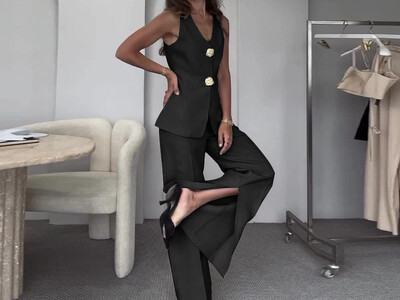 Dviejų dalių komplektai Moteriški kelnaičių komplektas V kaklu be rankovių įprastos liemenės aukštu juosmeniu plačiomis kojomis ilgos kelnės Elegant Splice Slim Fit Summer