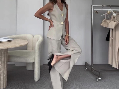 Dviejų dalių komplektai Moteriški kelnaičių komplektas V kaklu be rankovių įprastos liemenės aukštu juosmeniu plačiomis kojomis ilgos kelnės Elegant Splice Slim Fit Summer