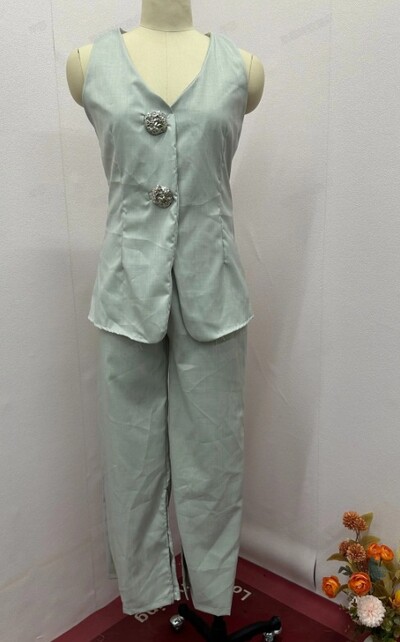 Dviejų dalių komplektai Moteriški kelnaičių komplektas V kaklu be rankovių įprastos liemenės aukštu juosmeniu plačiomis kojomis ilgos kelnės Elegant Splice Slim Fit Summer