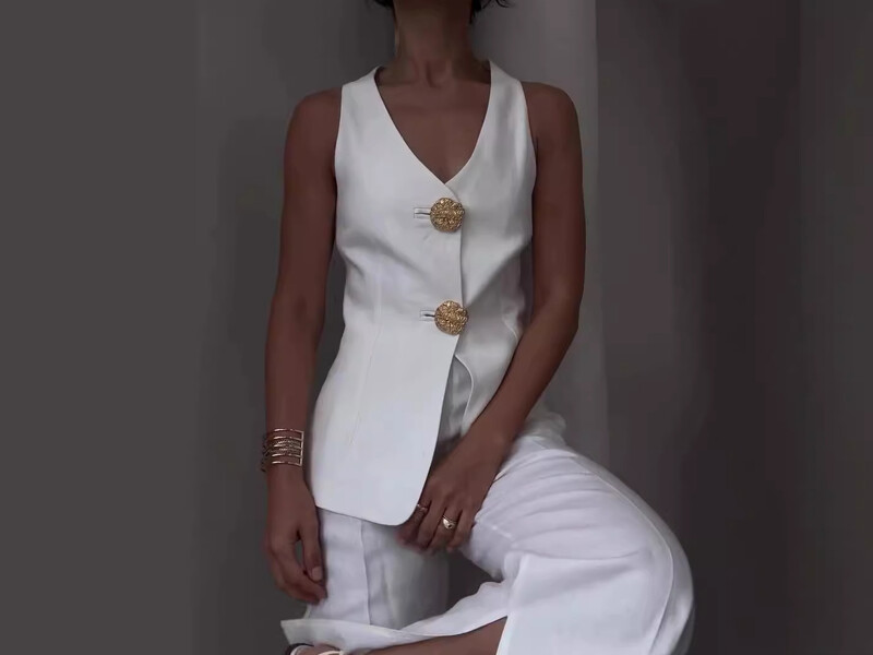 Dviejų dalių komplektai Moteriški kelnaičių komplektas V kaklu be rankovių įprastos liemenės aukštu juosmeniu plačiomis kojomis ilgos kelnės Elegant Splice Slim Fit Summer