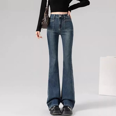 Tavaszi női magas derekú Vintage flare farmer lányok koreai Y2k 2000-es évek csengő alsó nadrág Női utcai viselet Szürke kék farmer nadrág