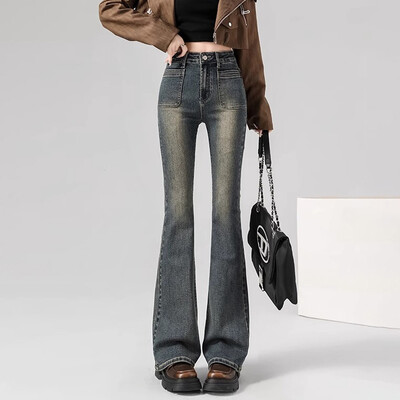 Tavaszi női magas derekú Vintage flare farmer lányok koreai Y2k 2000-es évek csengő alsó nadrág Női utcai viselet Szürke kék farmer nadrág