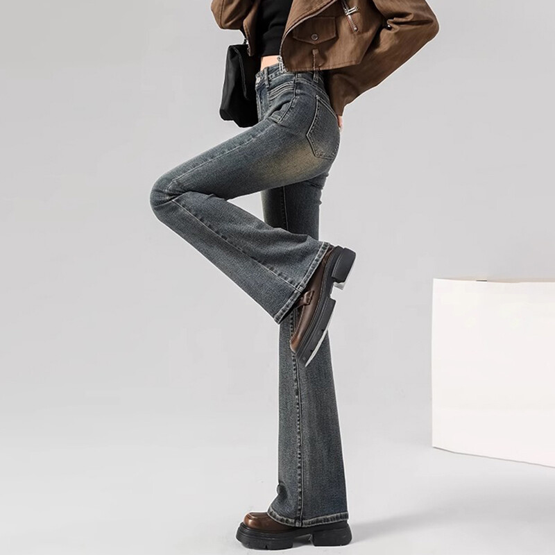 Tavaszi női magas derekú Vintage flare farmer lányok koreai Y2k 2000-es évek csengő alsó nadrág Női utcai viselet Szürke kék farmer nadrág