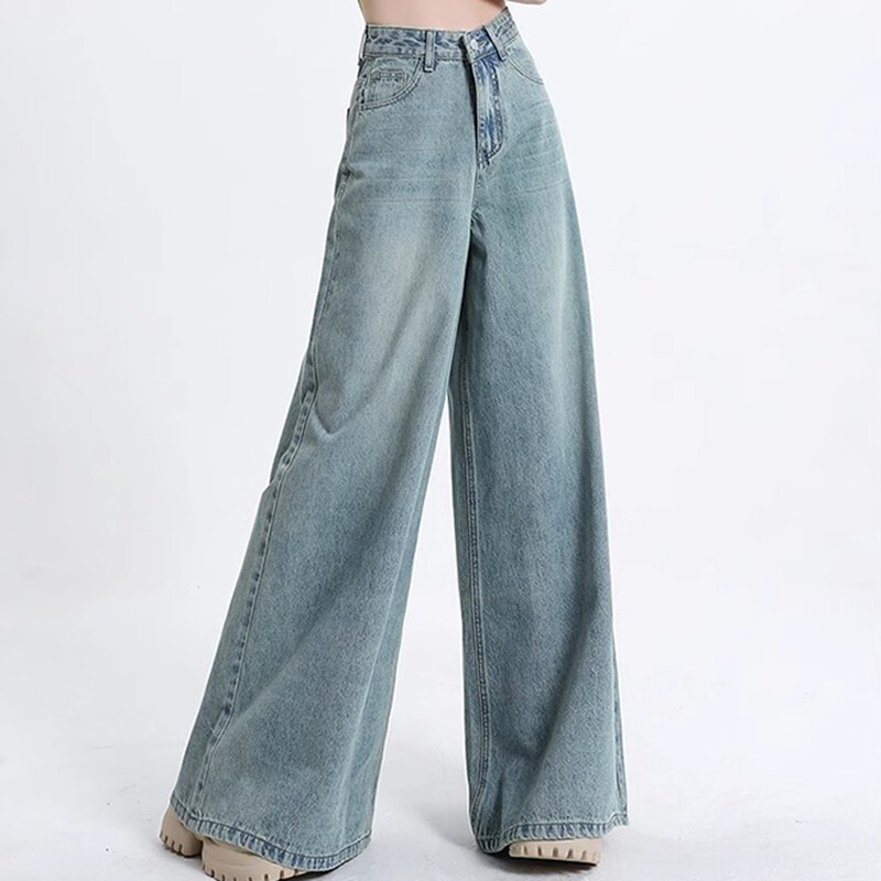 Naiste kõrge vöökohaga Korea püksid laia säärega teksad Tüdrukute punk 90ndate vintage teksariidest sirged püksid Naiste helesinised kottis püksid